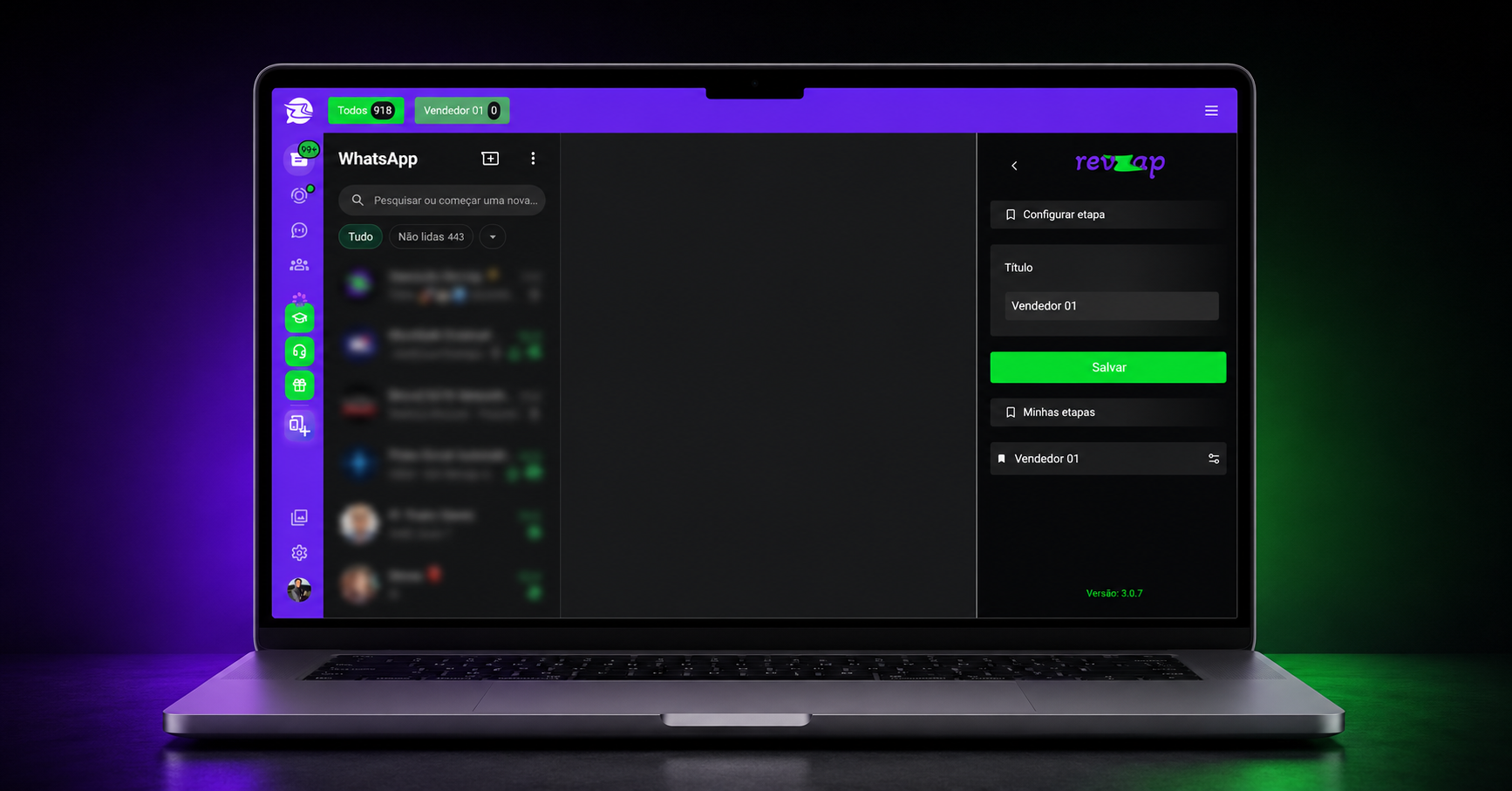 Interface visual da RevZap com configuração de etapas de atendimento