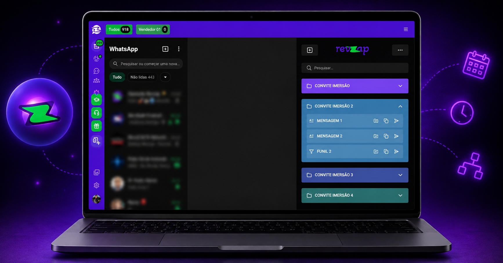 Interface visual da RevZap com estrutura central de organização