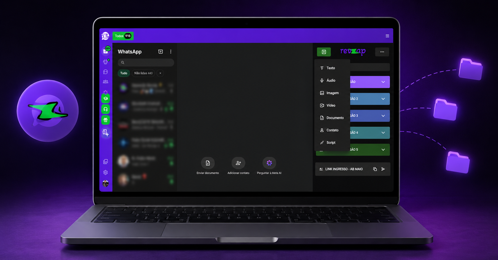 Interface visual da RevZap com organização de envios para contatos e grupos