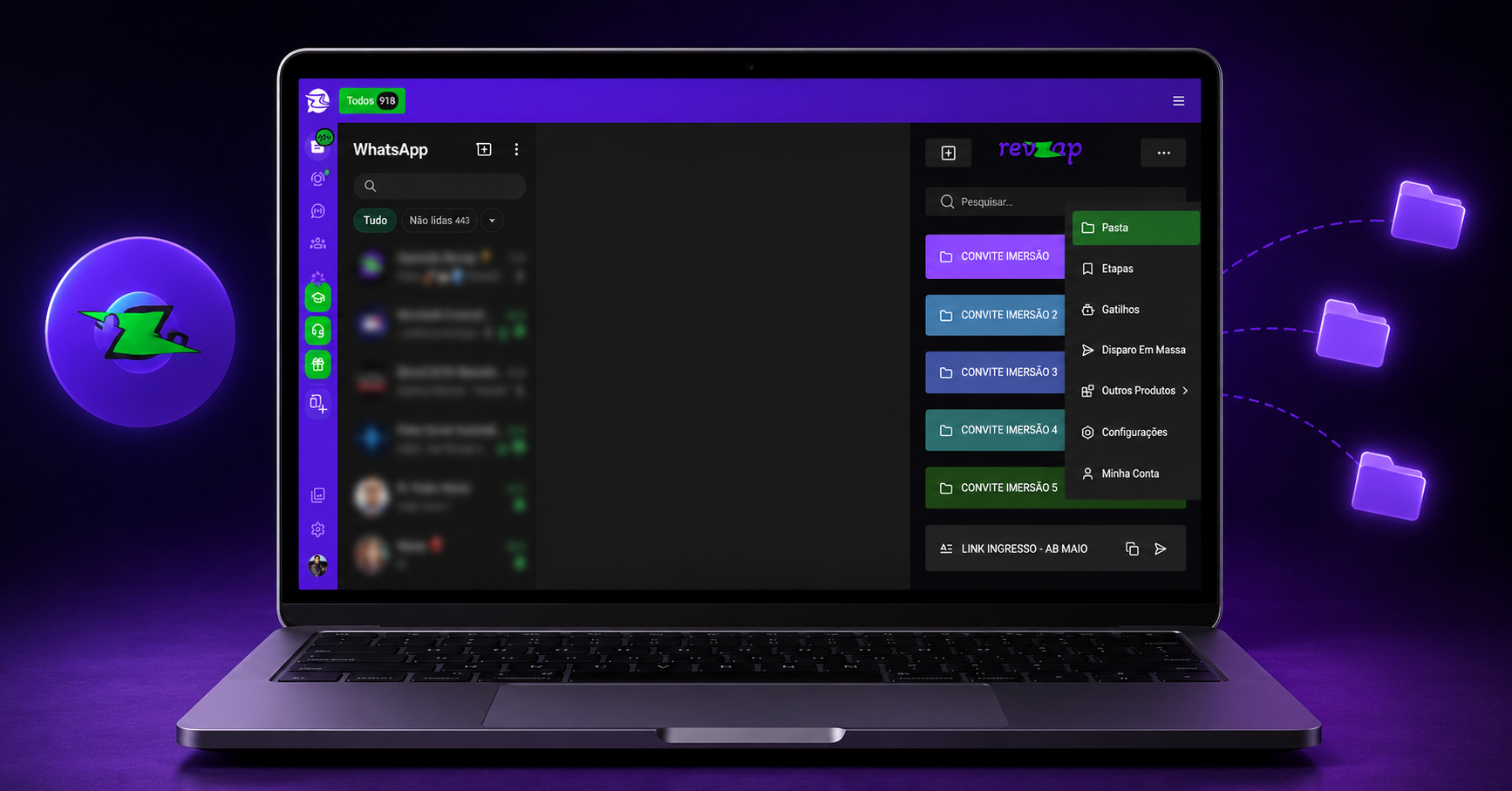 Interface visual da RevZap com organização de contatos por etapas
